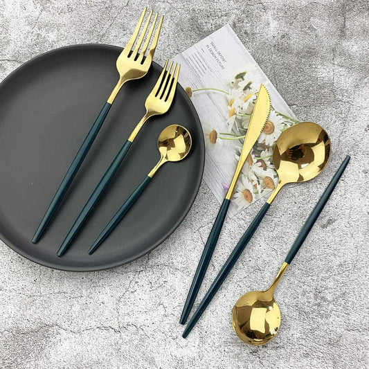 JASHII 18/10 Silver Silverware Set Stainless Steel Flatware Utensils Set Gold Cutlery Set| 24-Piece Modern Cubiertos Dorados| BEST Birthday Wedding Gift (4 sets, Green Handle Gold Mirror Polish)