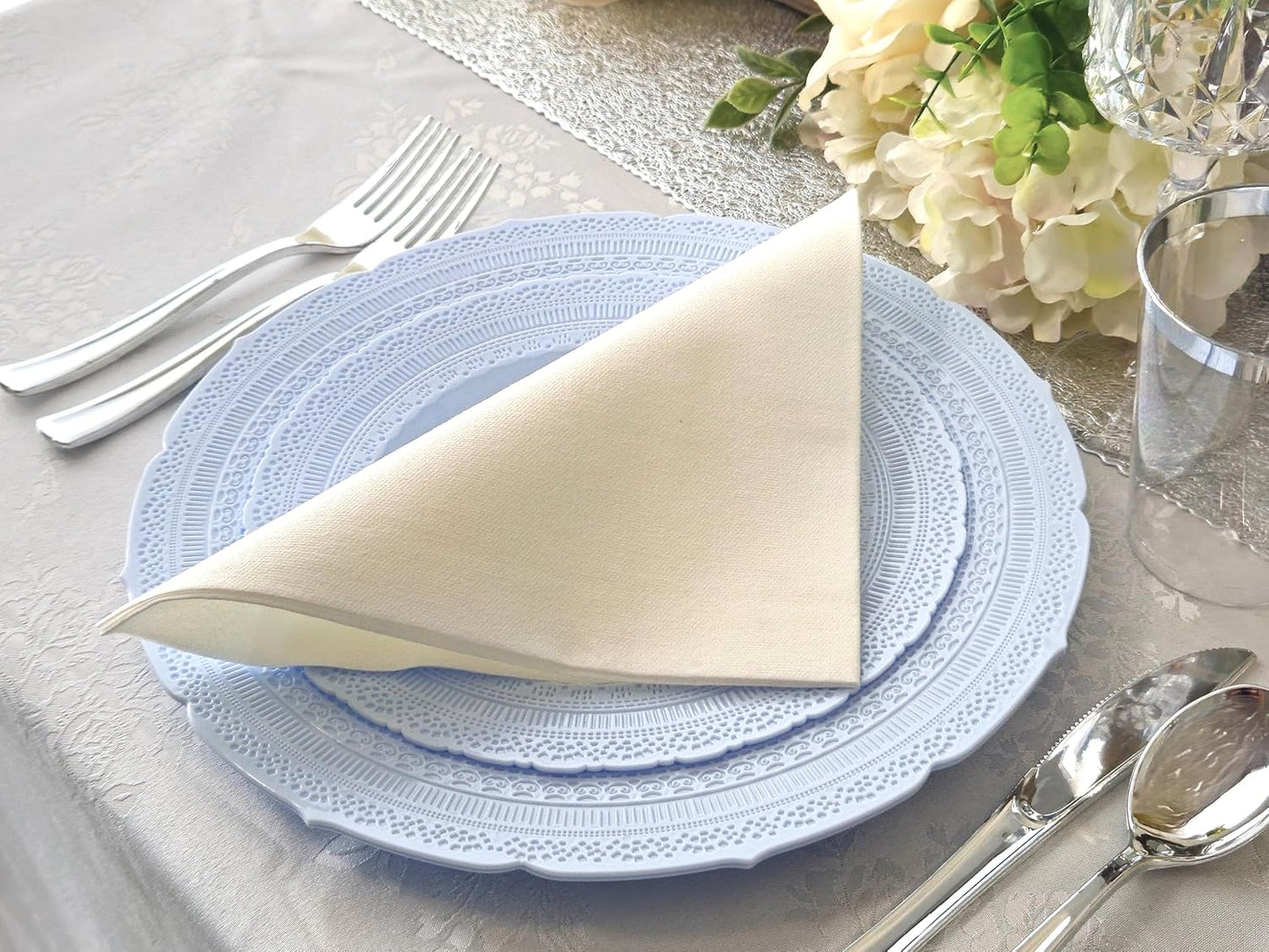 " OCCASIONS " 240 Plates Pack,(120 Guests) Extra Heavyweight Vintage Wedding Disposable/Reusable Plastic Plates 120x11'' Dinner + 120x8.25'' Salad/Dessert Plate (Chateau Blue)