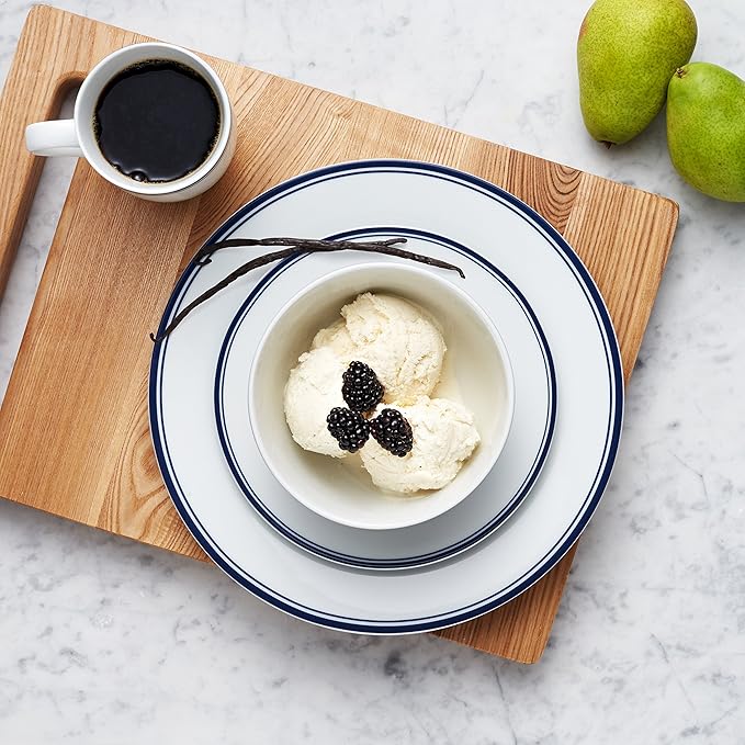 Amazon Basics 16-Piece Cafe Stripe Kitchen Dinnerware Set, Plates, Bowls, Mugs, Service for 4, Blue