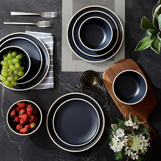 Melamine Dinnerware Sets for 4,12 Pcs Plate and Bowl Set,Unbreakable dish set,BPA Free,Suitable Indoors And Outdoors (Matte Black)