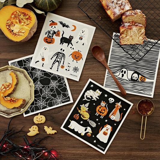 RECYCO Swedish Dishcloths for Kitchen | 4 Pack Halloween Wicked Whimsy Washable Dish Rags | Cellulose Reusable Cleaning Paper Towels | Absorbent Counter Dish Cloth Sponge Kitchen Wipes, 8" L x 7" W