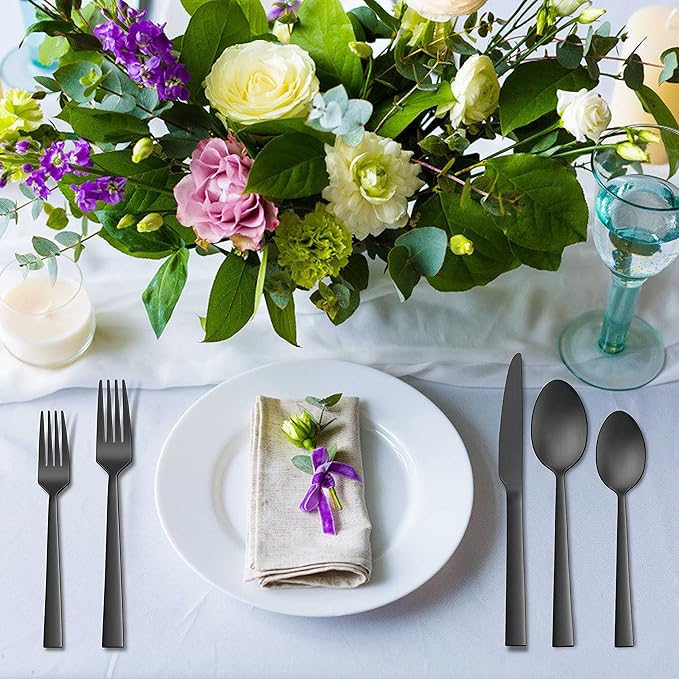 Herogo 20-Piece Matte Black Silverware Set for 4, Stainless Steel Square Flatware Cutlery Set, Tableware Eating Utensils Include Knife Spoon Fork, Satin Finish, Dishwasher Safe