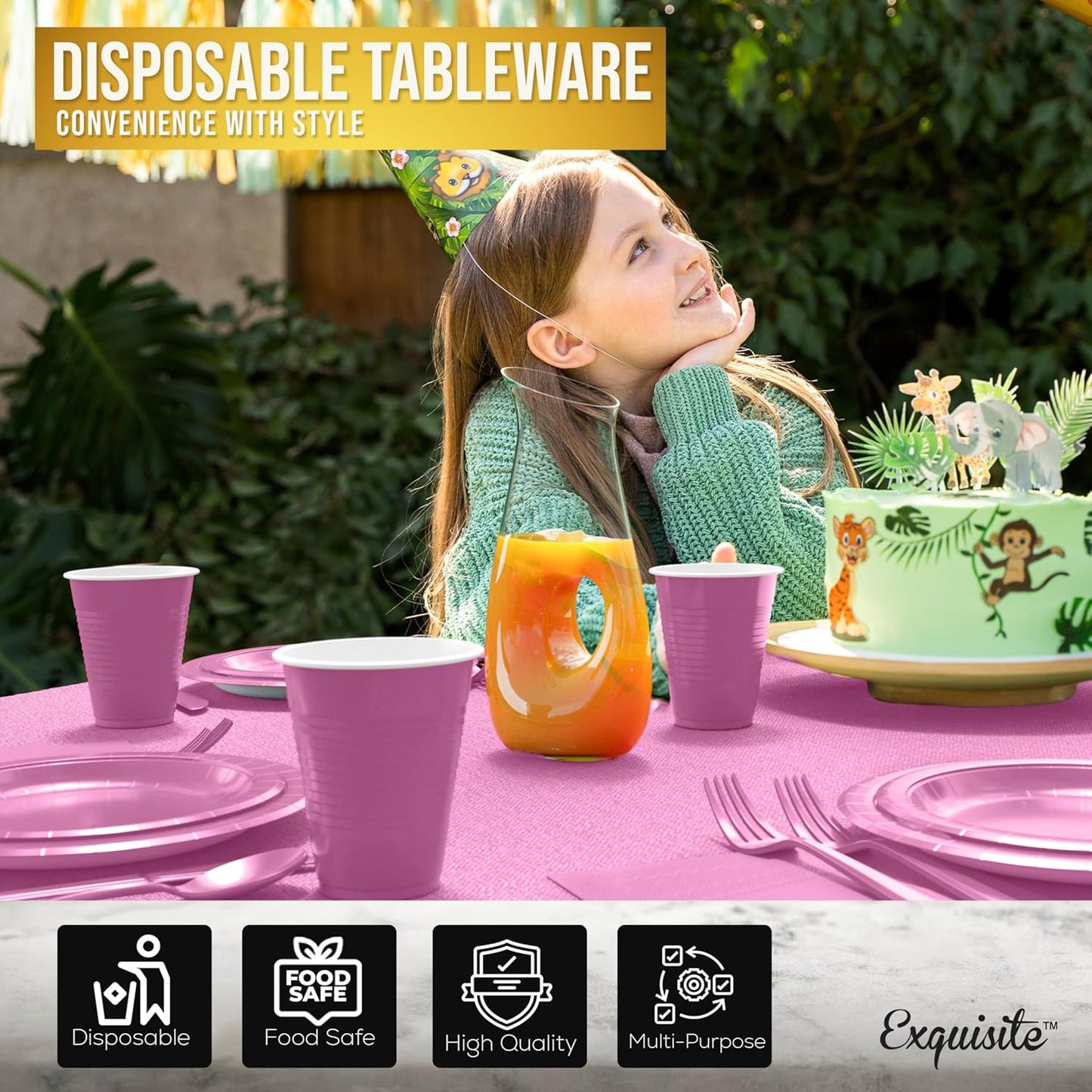 222 Pcs Hot Pink Paper Plates and Napkins Sets, Disposable Plates For Party, Lunch & Cocktail Napkins Paper, 18oz Plastic Cups, Cutlery and Hot Pink Table cloth Plastic Dinnerware Set