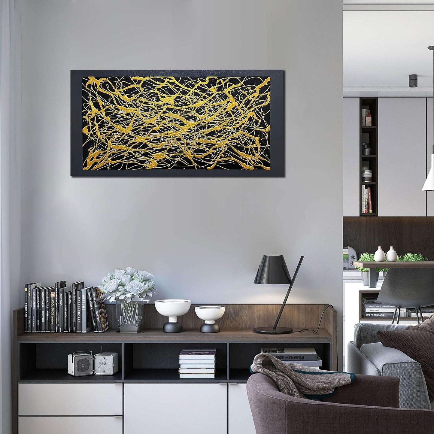 Abstract Canvas Art Wall Decor for Living Room - Modern Hand Painted Wall Art for Office - Black and Gold Wall Decor for Bedroom Men Size 24" x 47"