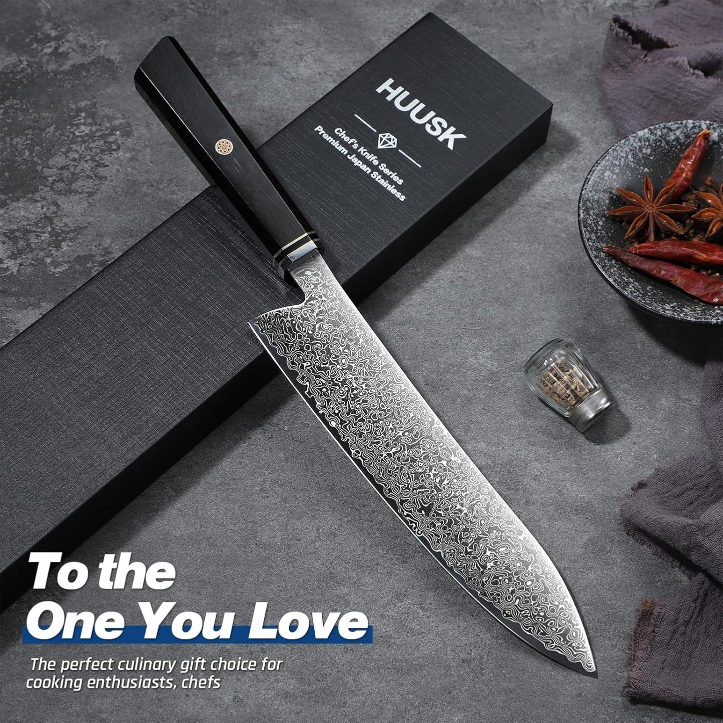 Huusk Damascus Chef Knife 8 Inch, 67-Layers Damascus Kitchen Knives with Ergonomic Wood Handle, Ultra Sharp Japanese Knife, Professional Cooking Knives for Home Kitchen Gift Idea