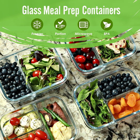 FIT Strong & Healthy 2 and 3 Compartment Glass Meal Prep Containers – Glass Bento Box for Adults, Portion Control, Food Storage, Lunch Container, Oven & Freezer Safe, Leak-Proof, 32 oz, Gray, 4 Pack