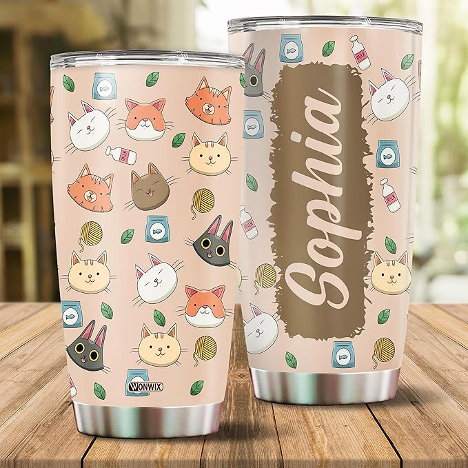 Personalized Cat Tumbler Gifts for Girls Kids Daughter 20oz Travel Cup Coffee Mug Stainless Steel Insulated with Lid Custom Name Watter Bottle Gift for Cat Lover
