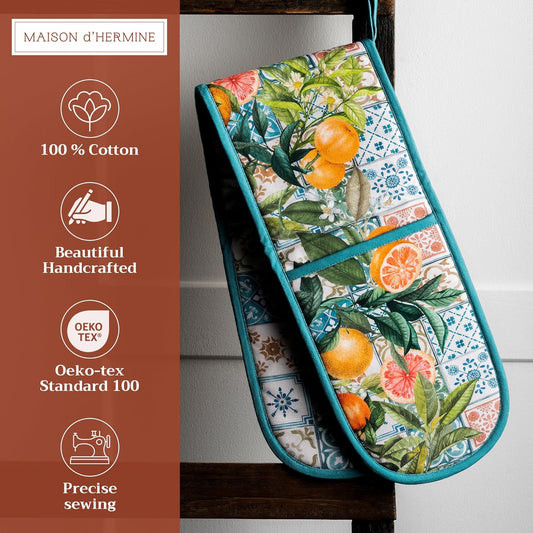 Maison d' Hermine Double Oven Mitts 100% Cotton 7"x35" Double Oven Mitt Heat Resistant BBQ Cooking Gloves with Loop, Baking, Grilling, Home, Kitchen, Handling Hot Pans Spring Summer (Agrume)