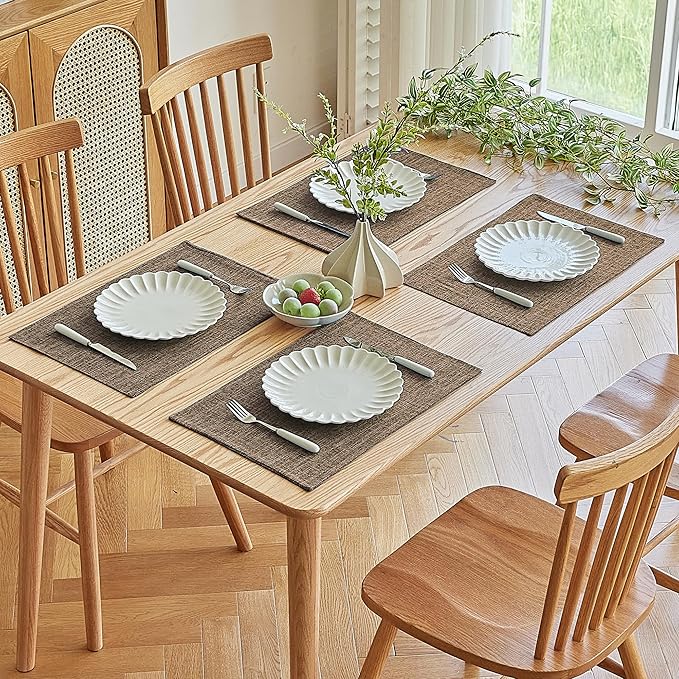 Softalker Faux Linen Placemats Set of 4-12 x 18 Inch, Heat Resistant Double Layered Durable Burlap Farmhouse Place Mats, Non-Slip Washable Rustic Table Mats for Dining, Kitchen, Party(Brown