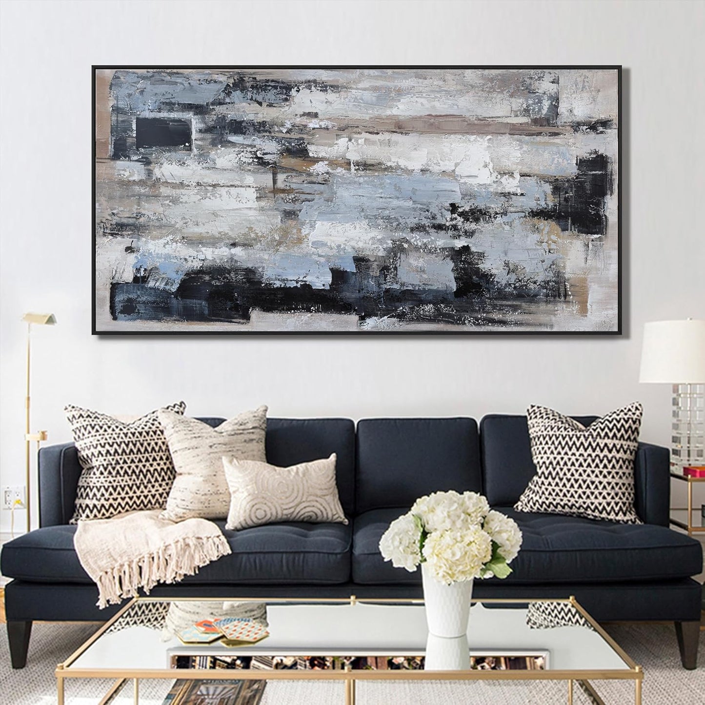 KUPTEU Canvas Oversized Wall Art Decor Large Wall Art For Living Room Framed Blue Abstract Wall Art Prints Abstract Art Abstract Canvas Art Wall Decor Artwork For Walls Home Office Wall Decor 29"x58"