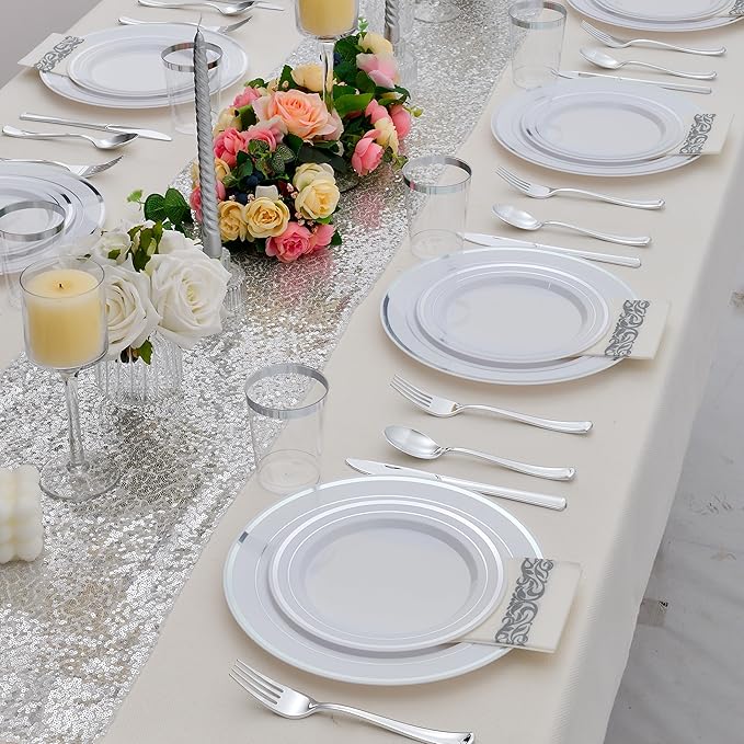 700 PCS Silver Plastic Dinnerware for 100 Guests, Silver Disposable Plate for Party Wedding with 100 Dinner Plates, 100 Dessert Plates, 100 Silverware Set, 100 Cups, 100 Napkins