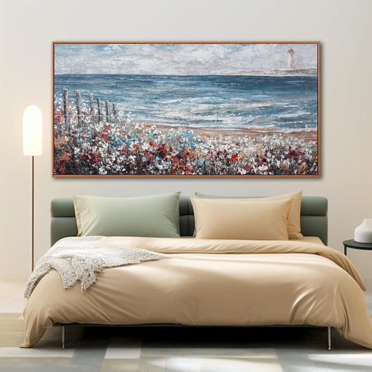 Large Wall Art Scene Decor Canvas Print Painting Picture Artwork Framed Blue Sea Colorful flowers Landscape For Living Room Bedroom Living Room And Office Wall Decor 29 x 58 Inch