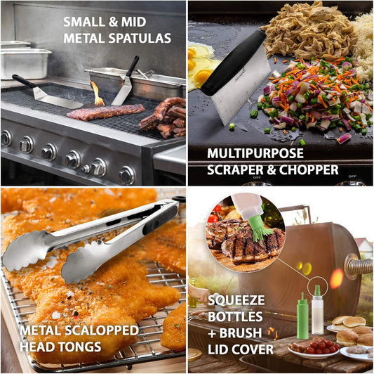 Metal Spatula Set - Griddle Accessories kit - Grill Flat Spatula Pancake Flipper Hamburger Turner - Metal Utensil great for BBQ Grill Flat Top - Cast Iron Griddle Accessories - Commercial Grade