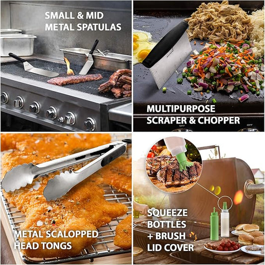 Metal Spatula Set Stainless Steel and Scraper - Professional Chef Griddle Spatulas Set of 6 - Heavy Duty Accessories Great for Cast Iron BBQ Flat Top Grill Skillet Pan