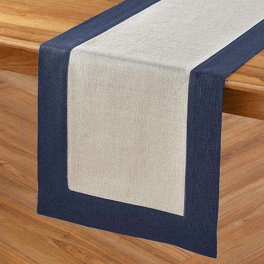 Solino Home Linen Table Runner 108 Inches Long - Navy and Natural 100% Pure Linen 14 x 108 Inch Table Runner for Dining, Fall, Autumn, Thanksgiving - Contempo