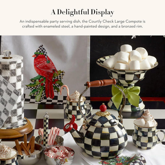 MACKENZIE-CHILDS Enamel Compote, Cute Enamel Pedestal Serving Dish or Decorative Bowl, Large, Black-and-White Courtly Check