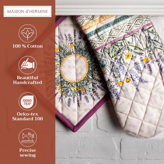 Maison d' Hermine 100% Cotton Oven Mitt & Pot Holder Set (7.5"x13" & 8"x8") Heat Resistant BBQ Cooking Gloves with Loop, Baking, Grilling, Kitchen, Handling Hot Pans Spring/Summer (Fanny Lavender)
