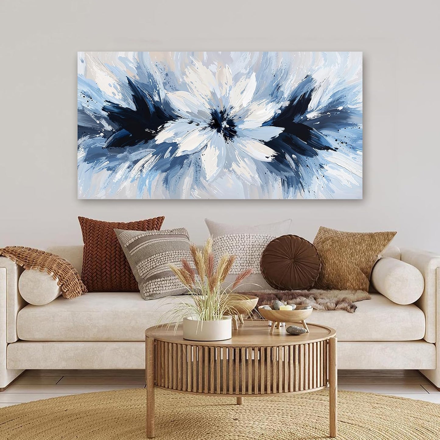 Abstract Canvas Wall Art Decor Large Wall Art For Living Room White Flower Wall Art Prints Modern Blue Wall Art Pictures 24" X 48" Abstract Canvas Art Wall Decor Artwork for Walls Bedroom Office Decor