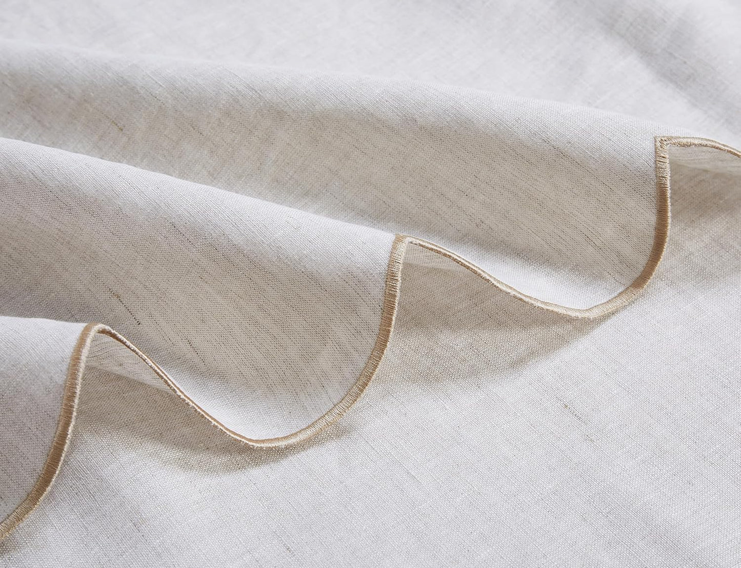 100% French Flax Linen Tablecloths Scalloped Embroidery Rectangle 144Lx60W Inch for Dinners, Spring, Machine Machine Washable, 12-14 Sets, Linen(Edges-Gold)