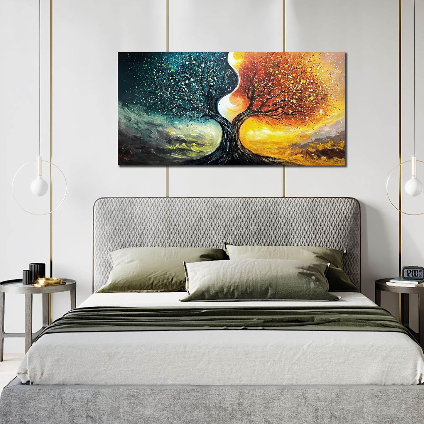 Tree Painting Wall Art for Living Room - Teal and Yellow Hand Painted Wall Art for Office - Abstract Canvas Wall Decor Bedroom Size 24" x 47"