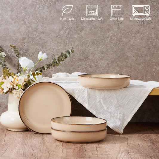 E-far Pasta Bowls Set of 4, 35oz Large Salad Bowls for Serving, Wide and Shallow Ceramic Plates for Kitchen, Double Reactive Glaze, Microwave and Dishwasher Safe, Sandy Beige