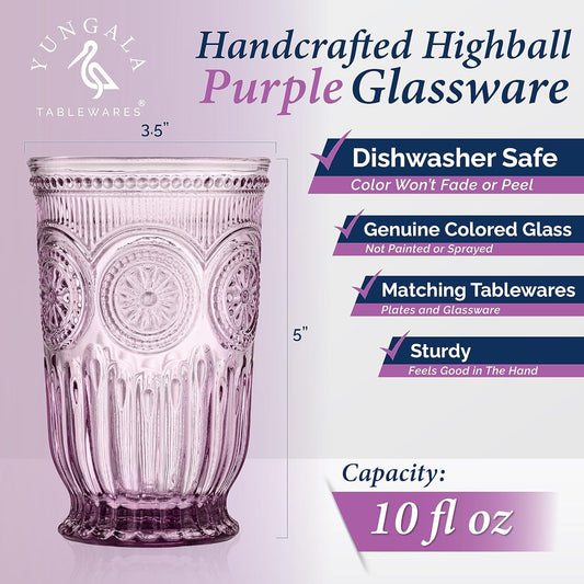 Yungala Purple Highball Glasses, set of 6 tall drinking glasses with unique vintage design and a deep purple hue. DISHWASHER SAFE glassware made from purple glass. Matching wine glasses available.