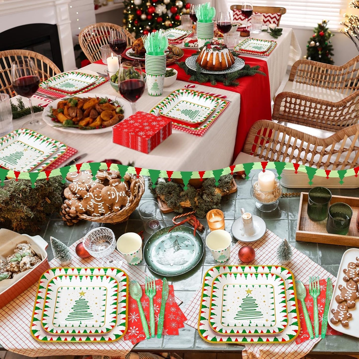 350 Pcs Paper Plates and Napkins Set Disposable Dinnerware Party Supplies Tableware Serve 50 Guest Cups Knife Forks Spoon(Red, Green,Christmas Tree)