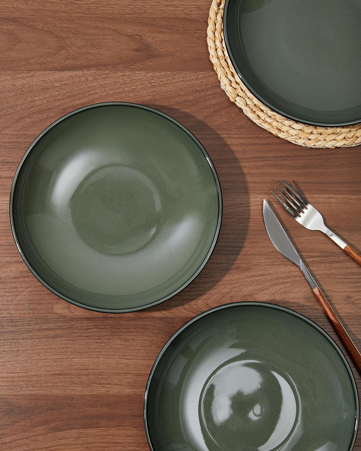 Pasta Bowls Set of 4, Reactive Glaze Salad Bowl 30 oz, Microwave & Dishwasher Safe, Large Wide Serving Bowls for Fruit/Soup/Noodle/Dessert, Blackish Green