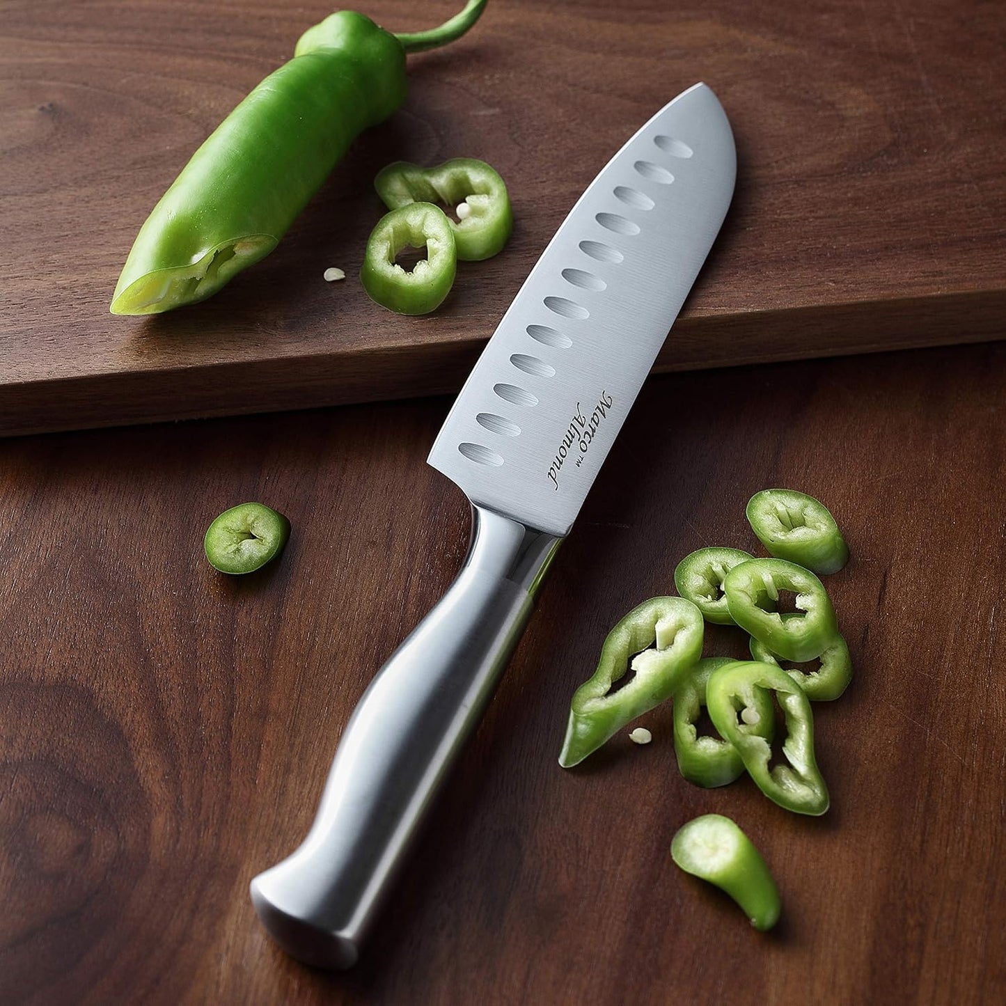 Marco Almond® Knife Set with Block KYA28, 14 Pieces Stainless Steel Chef Cutlery Kitchen Knives Block Set with Built-in Sharpener