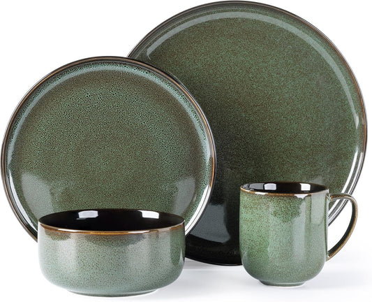 LERATIO Ceramic Dinnerware Sets for 4,16-PieceReactive Glaze Plates and Bowls Set with Mugs,Highly Chip and Crack Resistant | Dishwasher,Microwave & Oven Safe Dishes set-Green