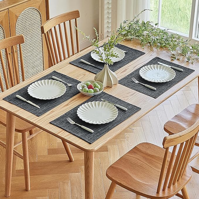 Softalker Faux Linen Placemats Set of 6-12 x 18 Inch, Heat Resistant Double Layered Durable Burlap Farmhouse Place Mats, Non-Slip Washable Rustic Table Mats for Dining, Kitchen, Party(Dark Grey