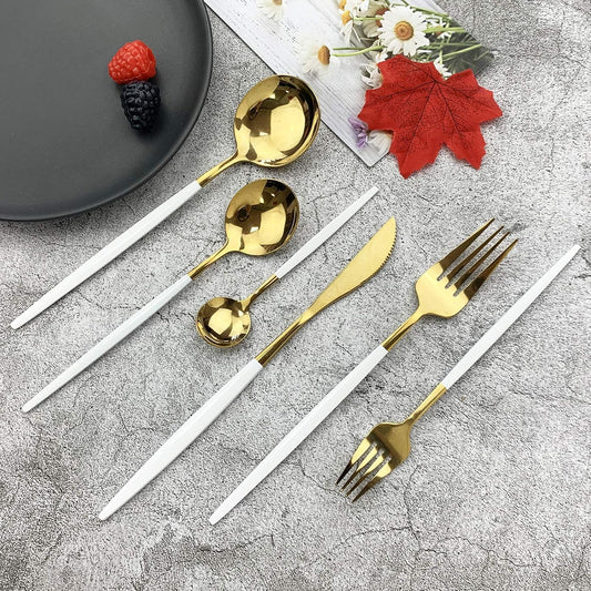 JASHII 18/10 Silver Silverware Set Stainless Steel Flatware Utensils Set Gold Cutlery Set| 24-Piece Modern Cubiertos Dorados| BEST Birthday Wedding Gift (4 sets, White Handle Gold Mirror Polish)