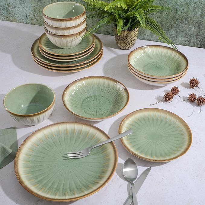 Gibson Elite Mayfair Bay 16-Piece Embossed Double Bowl Dinnerware Set, Service for 4 – Green Stoneware Plates and Bowls