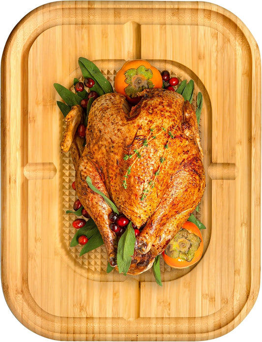 Turkey Platter for Thanksgiving - Bamboo Meat Cutting & Carving Board for BBQ & Grilling - Heavy Duty Reversible Butcher Block with Juice Groove, Spikes & Grid Grip - Kitchen Gift, Large, 18" x 12"