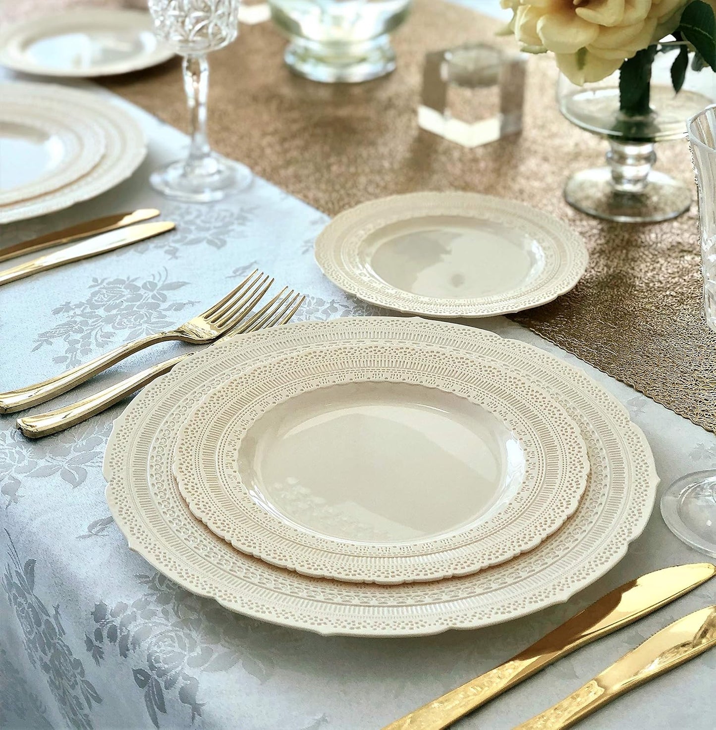 " OCCASIONS " 80 Plates Pack,(40 Guests) Extra Heavyweight Vintage Wedding Disposable/Reusable Plastic Plates 40 x 11'' Dinner + 40 x 8.25'' Salad/Dessert Plate (Chateau Ivory)