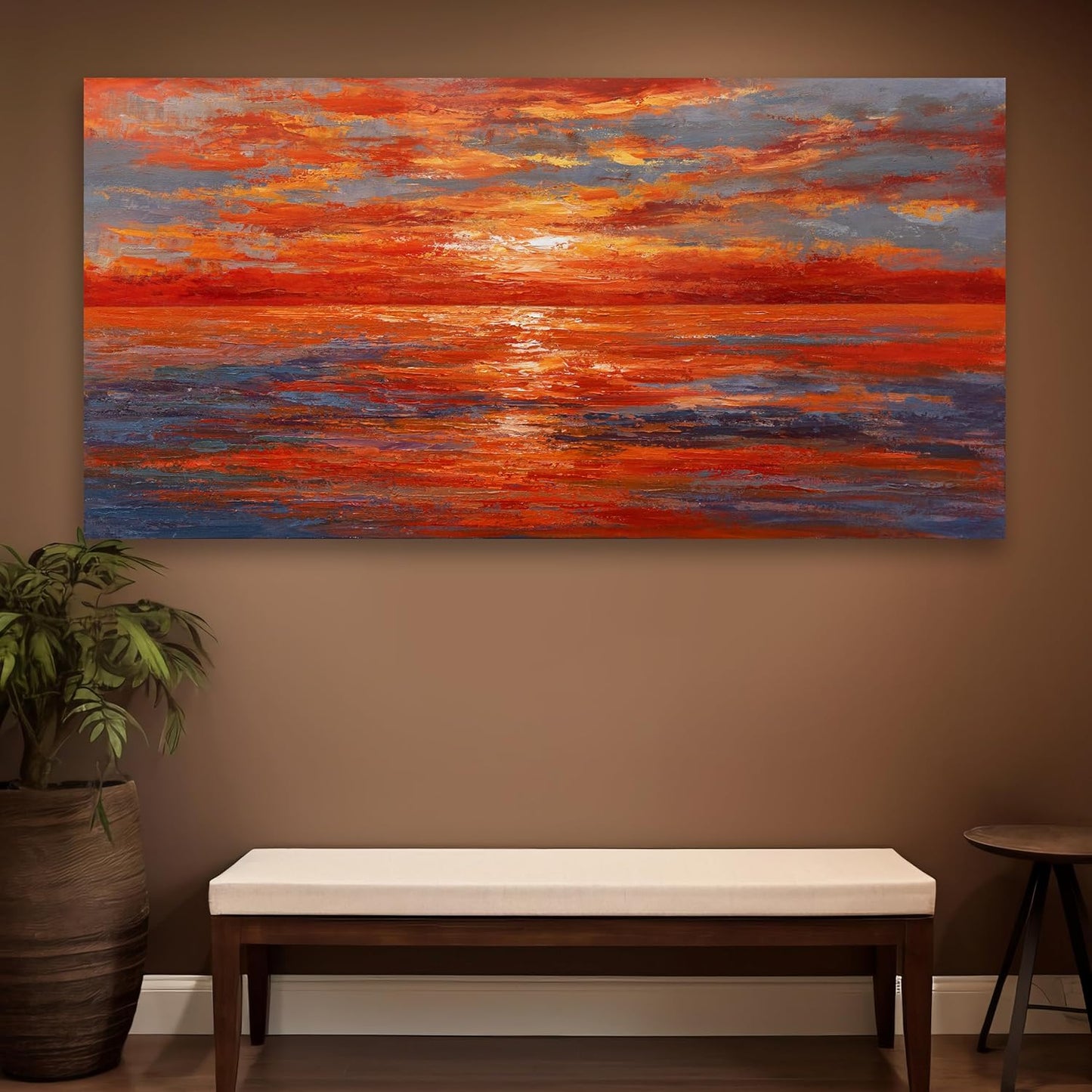 Red Sunset Ocean Abstract Wall Art Canvas Print Wall Decor Landscape Painting Framed Beach Artwork for Living Room Bedroom Office Farmhouse Bar Home Decor 29"x58"