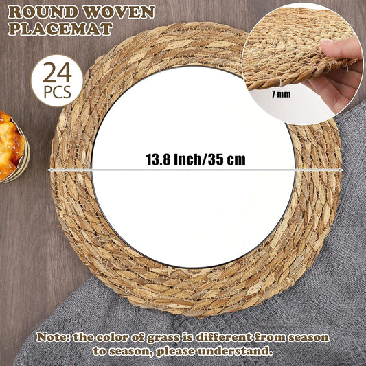 Set of 24 Round Woven Placemats 13.8 Inches Bulrush Placemats Natural Hand-Woven Boho Rattan Placemats Wicker Table Mats Farmhouse Weave Place Mats for Home Dining Table