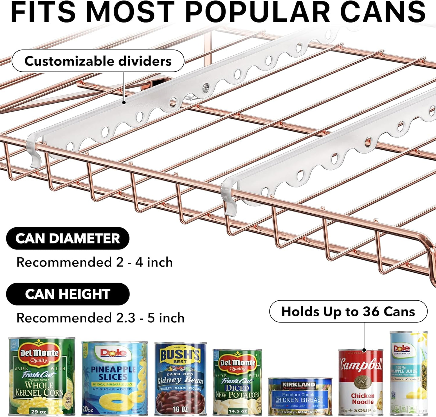 Simple Houseware Stackable Can Organizer Rack for Pantry/Cabinet – 11.5" D x 17" W x 13.75" H, Holds 36 Cans, 3-Tier Can Food Storage Dispenser, Rose Gold