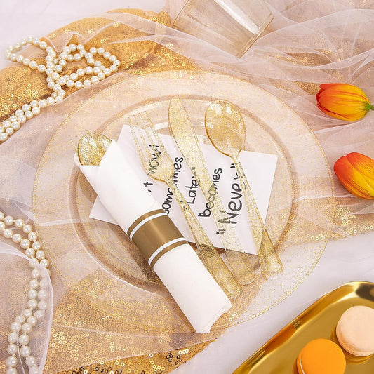 DaYammi 112Pcs Gold Glitter Plastic Plates,Gold Disposable Dinnerware-Thanksgiving Plastic Plates Includes 16 Dessert Plate,16 Dinner Plate,16 Per Rolled Napkins with Cutlery and Cups for Party