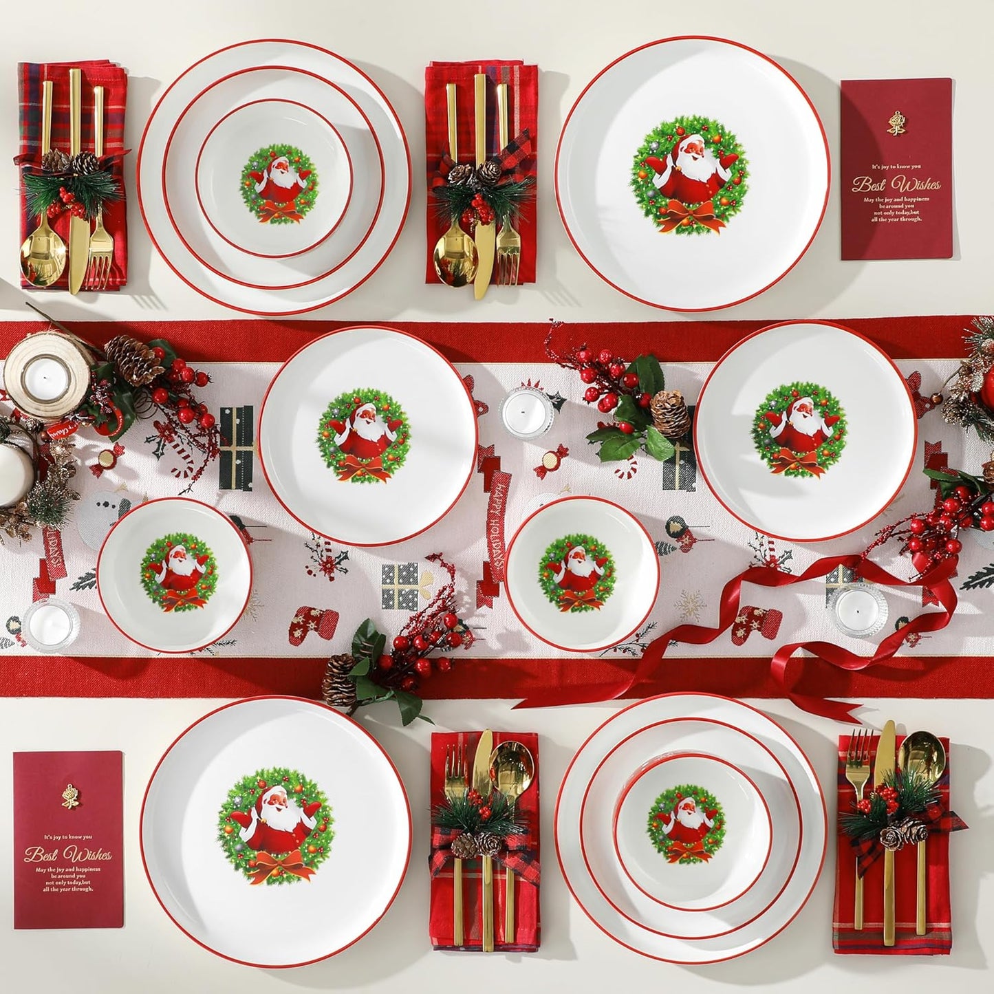 MALACASA Plates and Bowls Sets, 18 Pieces Christmas Porcelain Dinnerware Set for 6, Ceramic Dishware Dishes Kitchen Dinner Dining Ware Set, Microwave and Dishwasher Safe, Series LUNA-Santa Claus