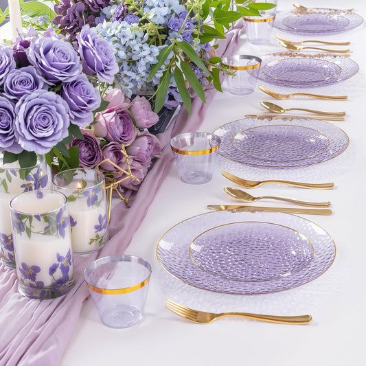 DaYammi 350 Pcs Clear Purple Gold Plastic Plates, Hammered Disposable Dinnerware, Clear Purple Plates Set Include 100 Plastic Platos, 150 Gold Disposable Silverware, 50 Cups And 50 Napkins for Party