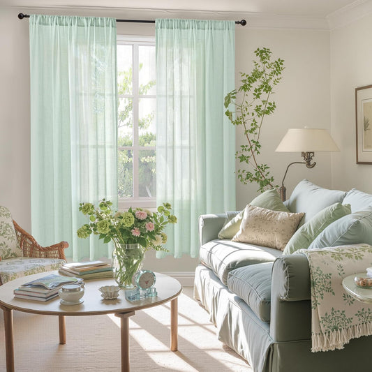 BGment Sage Green Linen Semi Sheer Curtains for Living Room 63 Inch Length - Light Filtering Drapes for Bedroom Dining Natural Rustic Spring Decorative Rod Pocket Lightweight, 2 Panels, 52 X 63 Inch