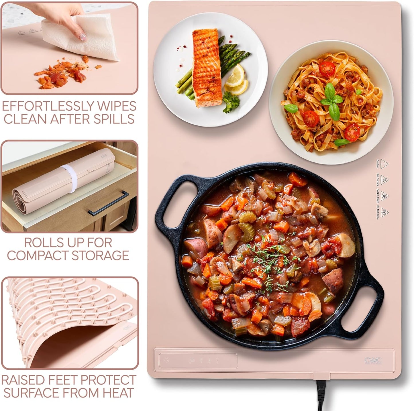 COOK WITH COLOR 350W Electric Food Warming Mat - Portable Food Warmer Tray with Adjustable Temperature, Fast 60-Second Heating, Auto Shut-Off, Rollable Silicone Pad for Parties & Everyday Use, Blush