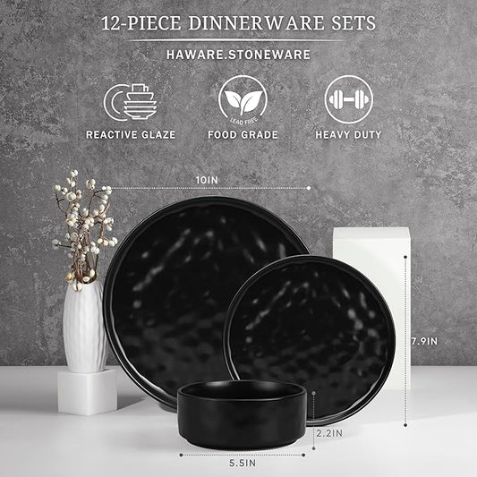 HaWare Dinnerware Sets, 12-Piece Plates and Bowls Set, Stoneware Dish Set for 4, Ceramic Dinnerware for Home Restaurant, Chip and Scratch Resistant, Microwave and Dishwasher Safe, Matte Black