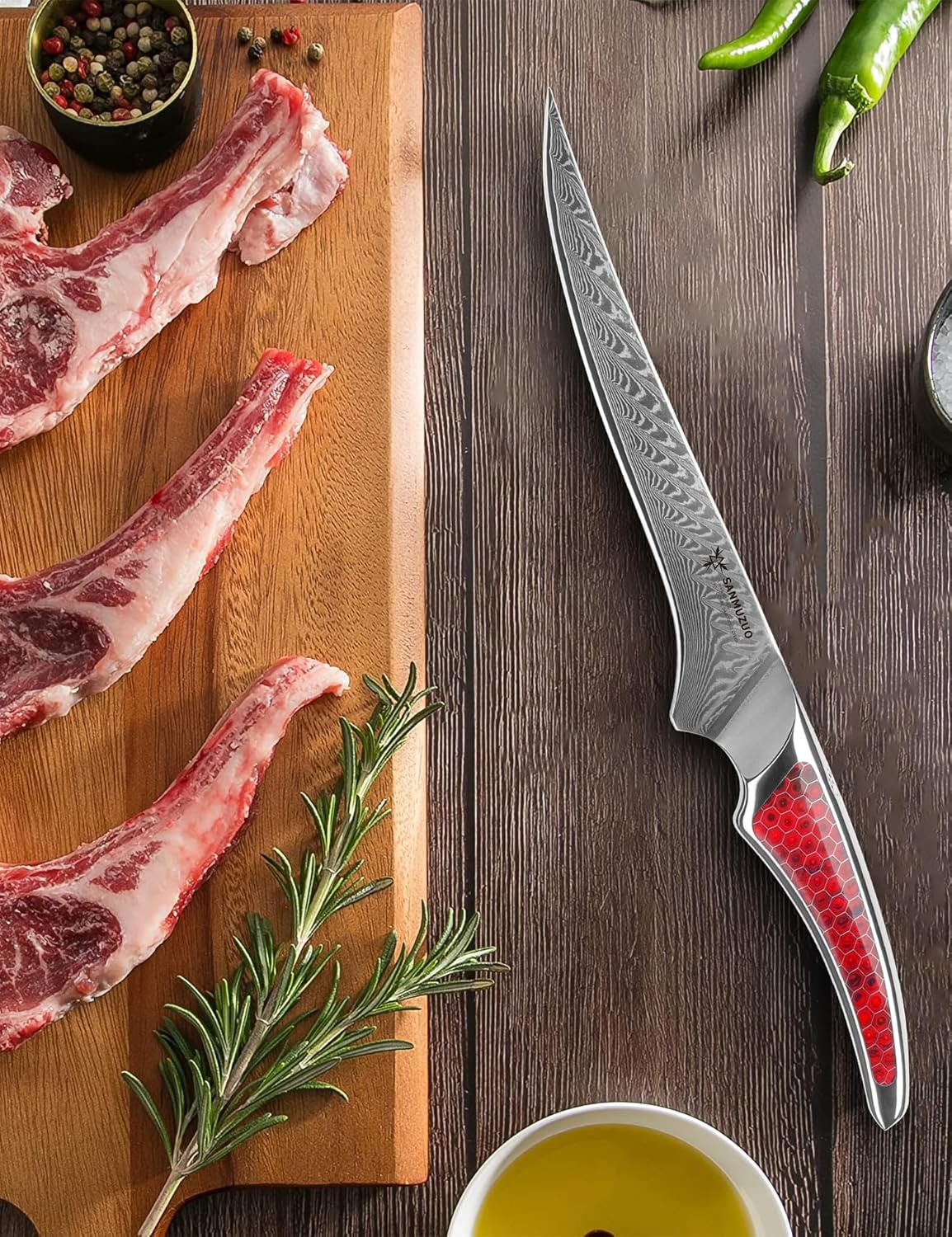 7 inch Fillet Knife, Japanese VG-10 Damascus Steel Kitchen Fish Knife, Ultra Sharp Boning Knife with Full-tang Handle in Red Resin, LA-S9 Series