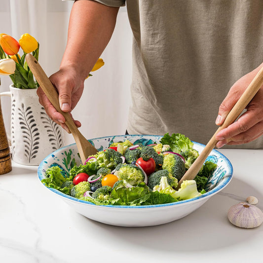 LEHAHA Extra larger Melamine serving bowl set, Coastal 13.75 Inch 130 Oz Large Fruit Bowl, Pasta Bowl, Set of 2, Serving Dishes for Entertaining, Vibrant Color Large Bowl for Party…