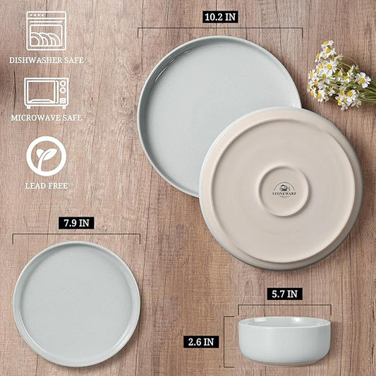 HaWare Stoneware Dinnerware Sets, 24-Piece Plates and Bowls Set for 8, Dishes Set for Home Restaurant, Speckled Misty Grey