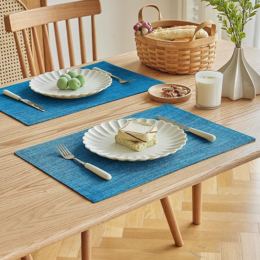 Softalker Faux Linen Placemats Set of 12-12 x 18 Inch, Heat Resistant Double Layered Durable Burlap Farmhouse Place Mats, Non-Slip Washable Rustic Table Mats for Dining, Kitchen, Party(Sky Blue