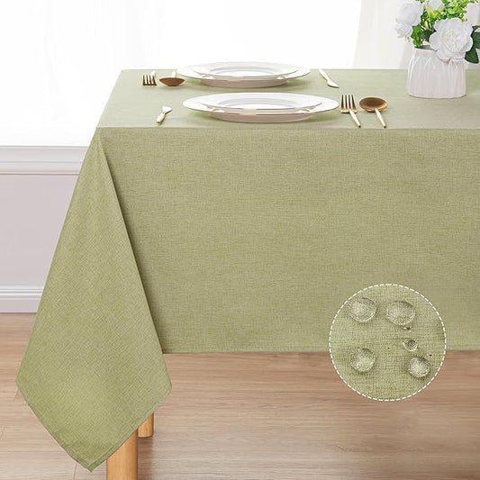 DWCN Rectangle Faux Linen Tablecloth - Textured Waterproof Spill-Proof Wrinkle and Stain Resistant Table Cloth Decorative Fabric Farmhouse Table Cover for Kitchen Dining Party, 60 x 84 Inch, Green