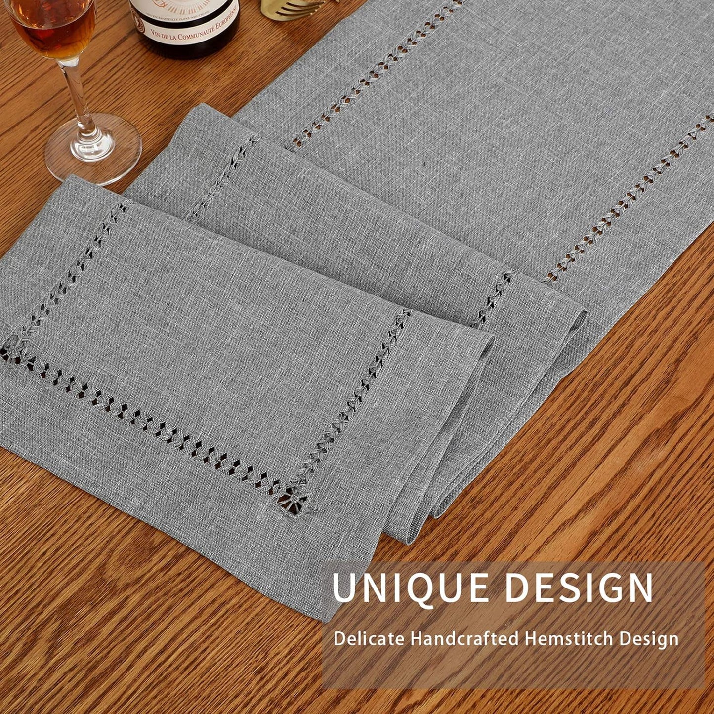 Tosewever Decorative Hemstitch Linen Table Runner Farmhouse Style Tabletop Collection Handcrafted Table Runners for Everyday Dining Wedding Party Holiday Home Decor (14 x 72 Inches, Grey)